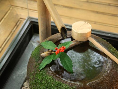 a bird bath with a plant in the water at Musashino Bekkan in Hakone