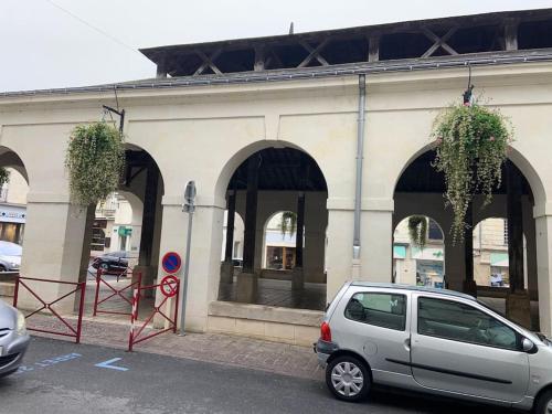 ein Auto, das vor einem Gebäude mit Bögen parkt in der Unterkunft Un voyage à Bourgeuil in Bourgueil