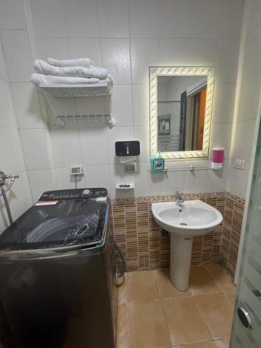 a small bathroom with a sink and a mirror at Luxurious VIP Apartment in Madinaty Furnished with High End Hotel Furniture in Madinaty