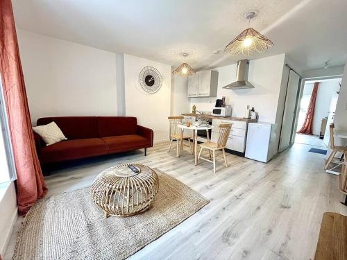 un salon avec un canapé et une table dans l'établissement L'Ambre rouge - Romans, à Romans-sur-Isère