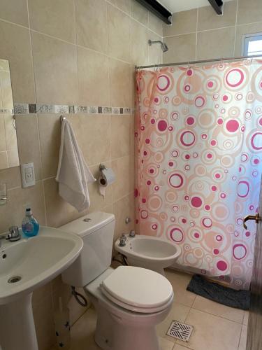 Un baño con inodoro y cortina de ducha. en Ayacucho aparts Mendoza, en Mendoza