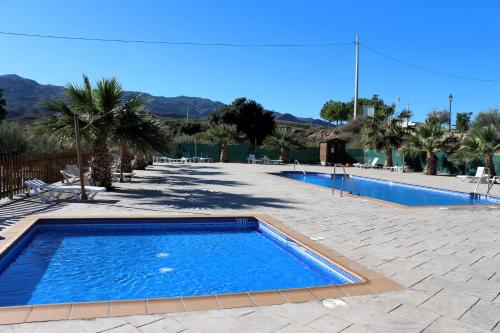 a large blue swimming pool in a courtyard with palm trees at Hostal Rural Turre in Turre
