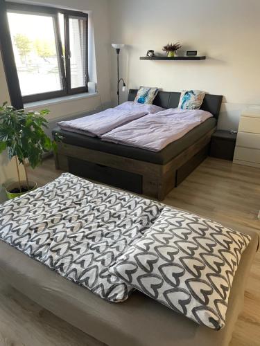 two twin beds in a room with a window at Moderní byt v Brně u BRuNA in Slatina