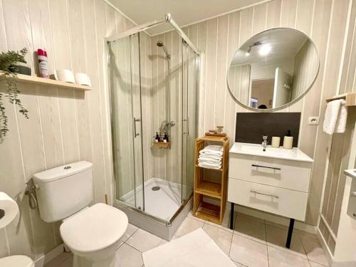y baño con ducha, aseo y lavamanos. en Grand Studio Chez Soi - Queen size bed - Terrasse, en Oyonnax