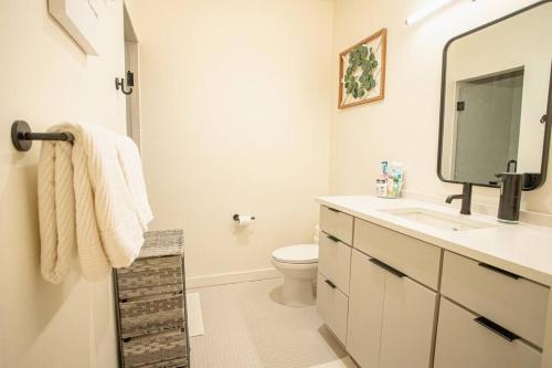 een badkamer met een toilet, een wastafel en een spiegel bij Urban Oasis in Overton Square in Memphis