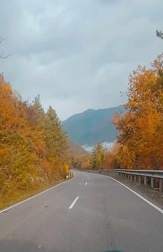 an empty road with trees and mountains in the background at Racha Nanida in Agara