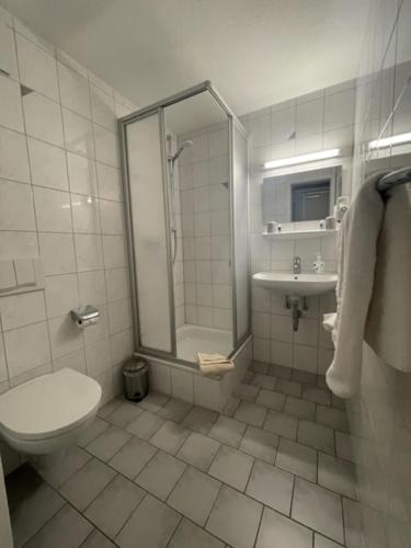a bathroom with a shower and a toilet and a sink at Gasthof zum Rößle Lautrach in Lautrach