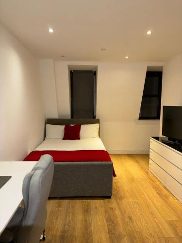 a bedroom with a bed and a desk and a television at studio flat in streatham in London