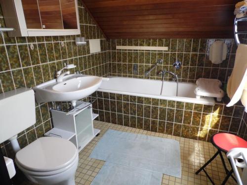 a bathroom with a toilet and a sink and a tub at Pension C Blickfeld in Winsen
