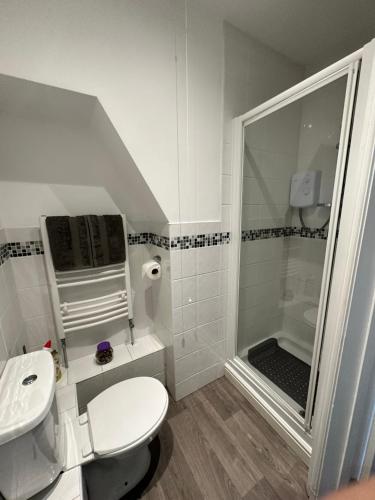 a white bathroom with a toilet and a shower at The Lookout, Bridlington in Bridlington