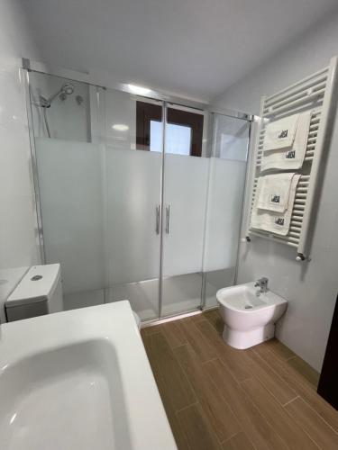 biała łazienka z prysznicem i toaletą w obiekcie LA MESA w mieście Félix