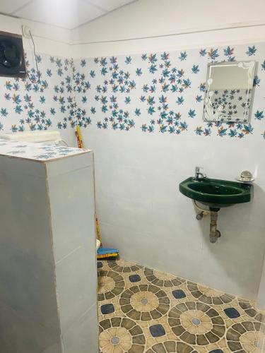 a bathroom with a green sink on the wall at Plefton Guest House in Agonda