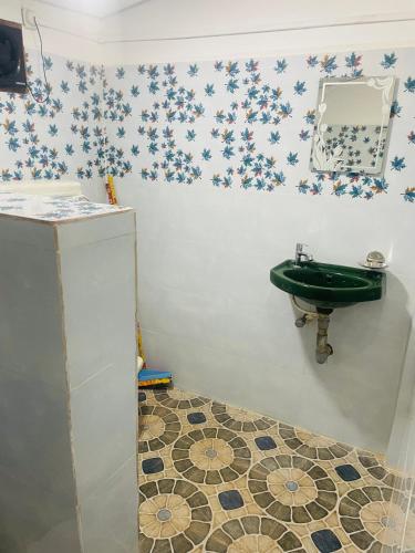 a bathroom with a green sink and a mirror at Plefton Guest House in Agonda