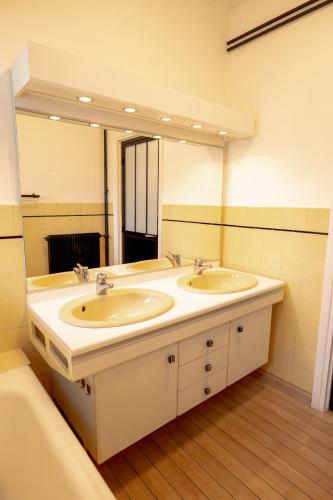 une salle de bain avec deux lavabos et un grand miroir dans l'établissement La Suite 108, à Rouen