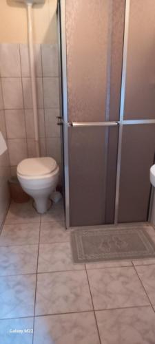 a bathroom with a toilet and a glass shower door at Chalé 01 maritacas in Cunha