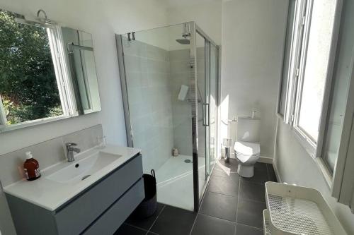 uma casa de banho com um lavatório, um chuveiro e um WC. em Maison, 2chambres, jardin, parking, central,6pers em Montpellier