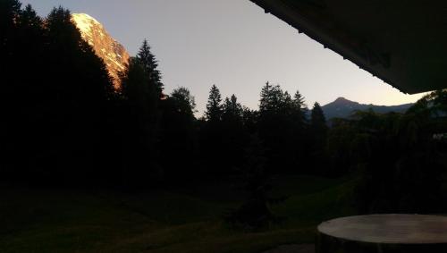 a view of a mountain with trees and the sunset at MOM - Alpine Boutique Apartments, Grindelwald gletscher, Eiger View Terrace Studio in Grindelwald