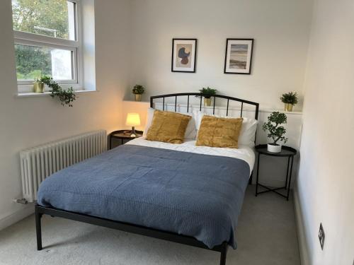 埃普瑟姆的住宿－Magnificent Refurbished 1 Bed Flat few steps to High St ! - 4 East House，一间卧室配有一张带蓝色床单和黄色枕头的床。