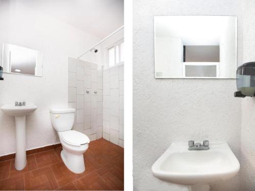 two pictures of a bathroom with a toilet and a sink at Hacienda Ixtlan Cozumel in Cozumel