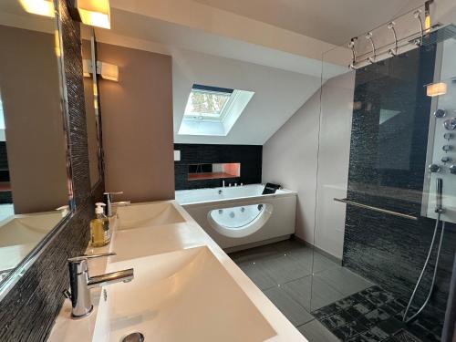 W łazience znajduje się umywalka i prysznic. w obiekcie River Villa with amazing view + Jacuzzi, Garden, Forest access w mieście Vétraz-Monthoux