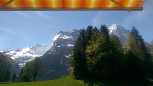 a view of a mountain with trees and snow at MOM - Alpine Boutique Apartments, Grindelwald gletscher, Eiger View Terrace Studio in Grindelwald