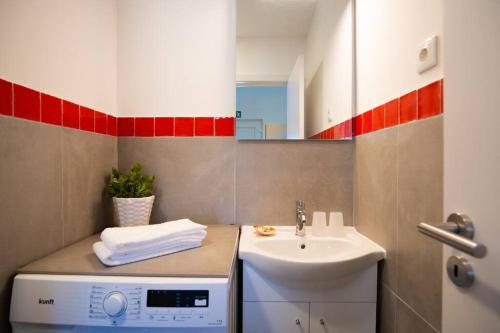 un piccolo bagno con lavandino e lavatrice di Casa do Meio a Cela