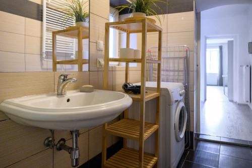 a bathroom with a sink and a washing machine at Euro Square Studios in Zagreb