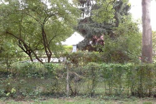 ein Zaun auf einem Feld mit einem Haus im Hintergrund in der Unterkunft La Cabane du Pêcheur à 10min de Disneyland Paris - Cabane & Cabanon in Chalifert