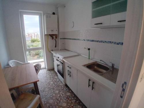 uma pequena cozinha com um lavatório e uma janela em Penthouse cu vedere 270 de grade em Bucareste