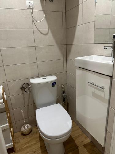 a bathroom with a white toilet and a sink at Apartament Zielony Kołłątaja in Tomaszów Mazowiecki