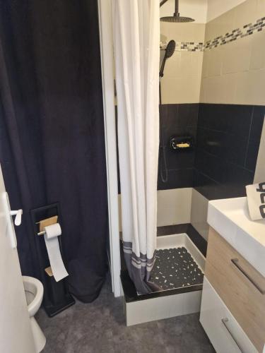 a bathroom with a shower with a shower curtain at Appart Aix in Aix-les-Bains