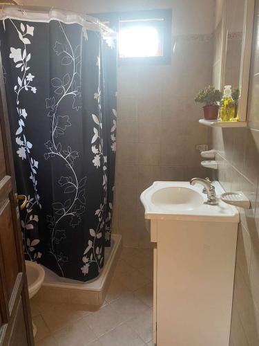 a bathroom with a shower curtain with a sink at Lo de Mora in Cafayate