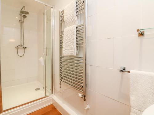 a bathroom with a shower and a glass shower stall at Cosy Cottage in Lifton