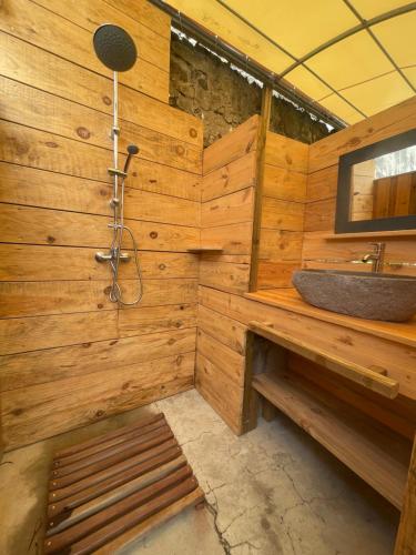 LES HAMACS AUX SAINTES BIS في تير-دي-هوت: حمام خشبي مع حوض ومرآة