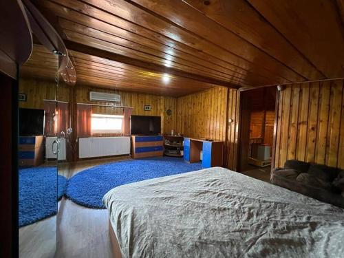 a bedroom with a bed and a blue rug at Vila 8 oaspeti in Bucharest