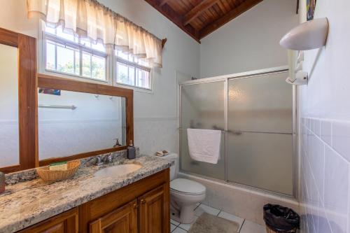 ein Bad mit einer Dusche, einem Waschbecken und einem WC in der Unterkunft Miramar Suites in Placencia Village