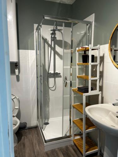 une salle de bain avec douche et lavabo dans l'établissement Studio entier neuf, à Saint-Quentin