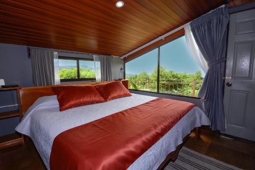1 dormitorio con cama y ventana grande en Villa Golondrina Cabaña rodeada de Naturaleza, en Monteverde