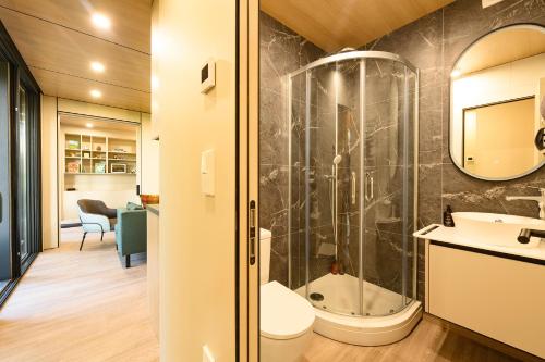a bathroom with a shower and a toilet and a sink at Forest Lodges in Betws-y-coed