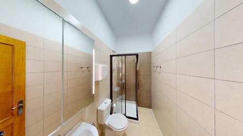 y baño con aseo y ducha acristalada. en Triana Rooms EH, en Las Palmas de Gran Canaria