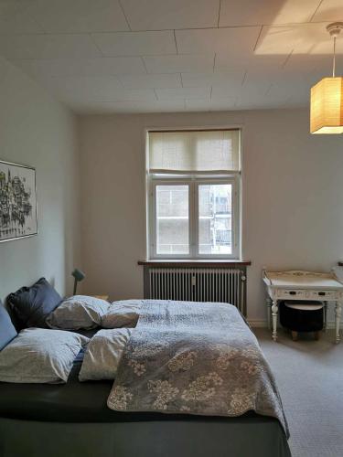 a bedroom with a bed and a pool table at Big apartment on the town square in Fåborg