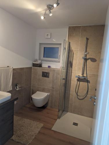 a bathroom with a shower and a toilet and a sink at Seeperle Souterrain in Sonthofen