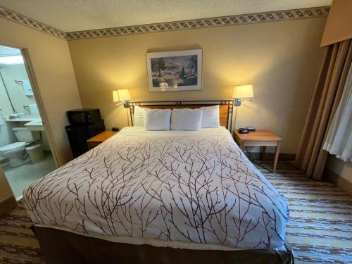 a hotel room with a bed and a bathroom at Travelodge by Wyndham Seattle By The Space Needle in Seattle
