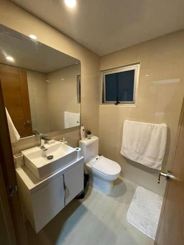 La salle de bains est pourvue d'un lavabo, de toilettes et d'un miroir. dans l'établissement Moderno apartamento en Naco, à Saint-Domingue