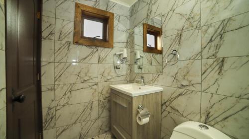 a bathroom with a sink and a toilet at Hotel y Cabañas Pulegan in Porvenir