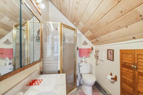 a bathroom with a toilet and a glass shower at Peaceful Pinetop-Lakeside Cabin with 4 Decks! in Pinetop-Lakeside
