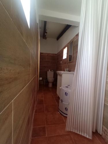 a bathroom with a toilet and a shower curtain at O Mundo da Lua in Azeitao