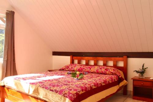 a bedroom with a bed with a red comforter at Tekauhivai Lodge in Uturoa