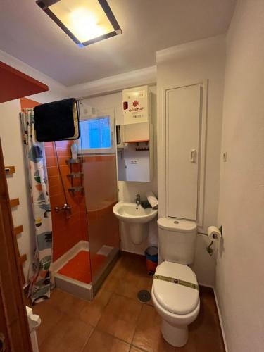 a bathroom with a toilet and a sink and a shower at SANT MORITZ CON GARAJE in Sierra Nevada