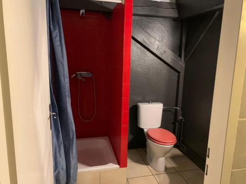 a small bathroom with a toilet and a red wall at Dallas garden in Strasbourg